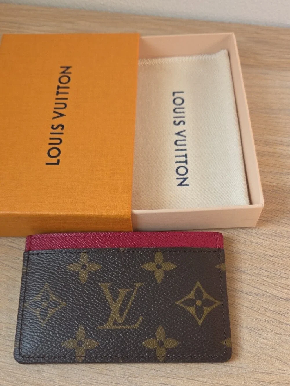 Louis Vuitton Monogram Card Holder with Burgundy Trim